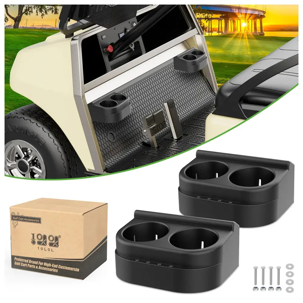 Black plastic dual-cup holders for golf carts.