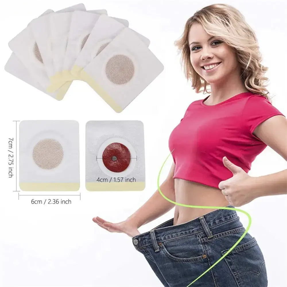 White adhesive weight loss patches with a circular textured center and yellow border, shown in two sizes.