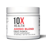 White cylindrical container of 10x health amino blend fruit punch dietary supplement.