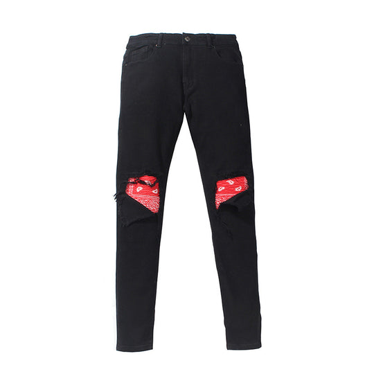 Washed Ripped Cat's Whisker Patchwork Jeans (Slim Fit)