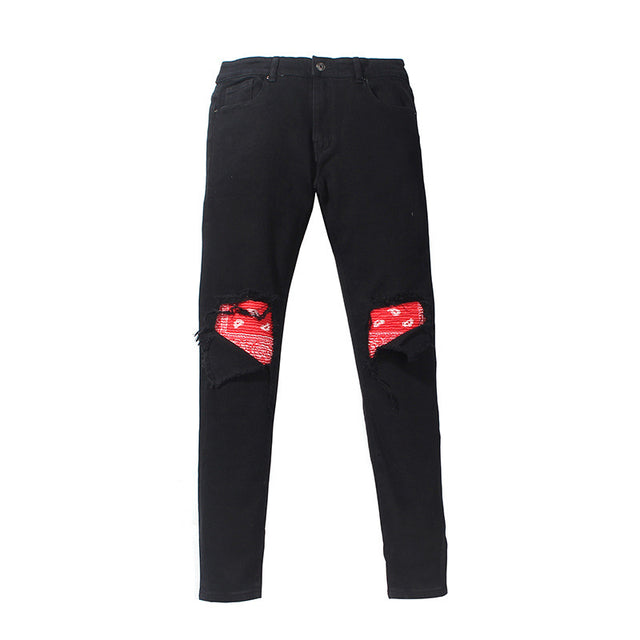 Washed Ripped Cat's Whisker Patchwork Jeans (Slim Fit)