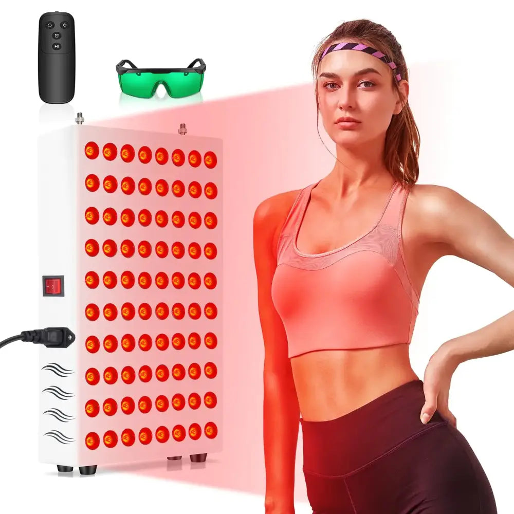 White rectangular led light therapy panel with 60 red circular bulbs arranged in a grid, accompanied by a black remote control and green-tinted protective eyewear.