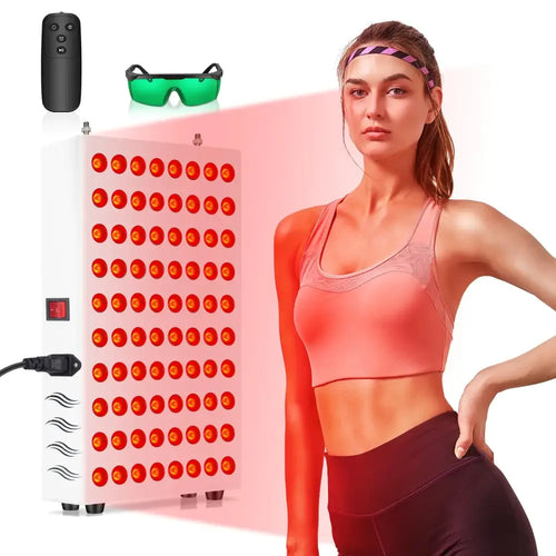 White rectangular led light therapy panel with 60 red circular bulbs arranged in a grid, accompanied by a black remote control and green-tinted protective eyewear.