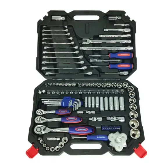 Black plastic tool case containing a comprehensive set of silver and blue-handled wrenches, sockets, screwdrivers, and other mechanical tools.