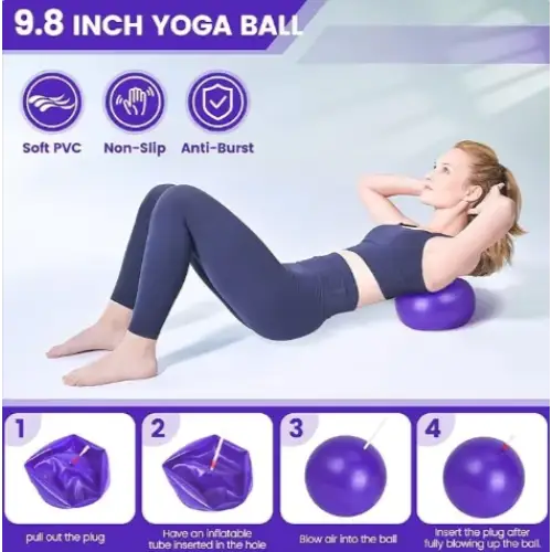 Purple 9.8-inch inflatable yoga ball made of soft pvc with non-slip and anti-burst features.