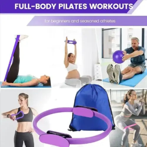 Purple pilates ring with a black grip and adjustable strap.