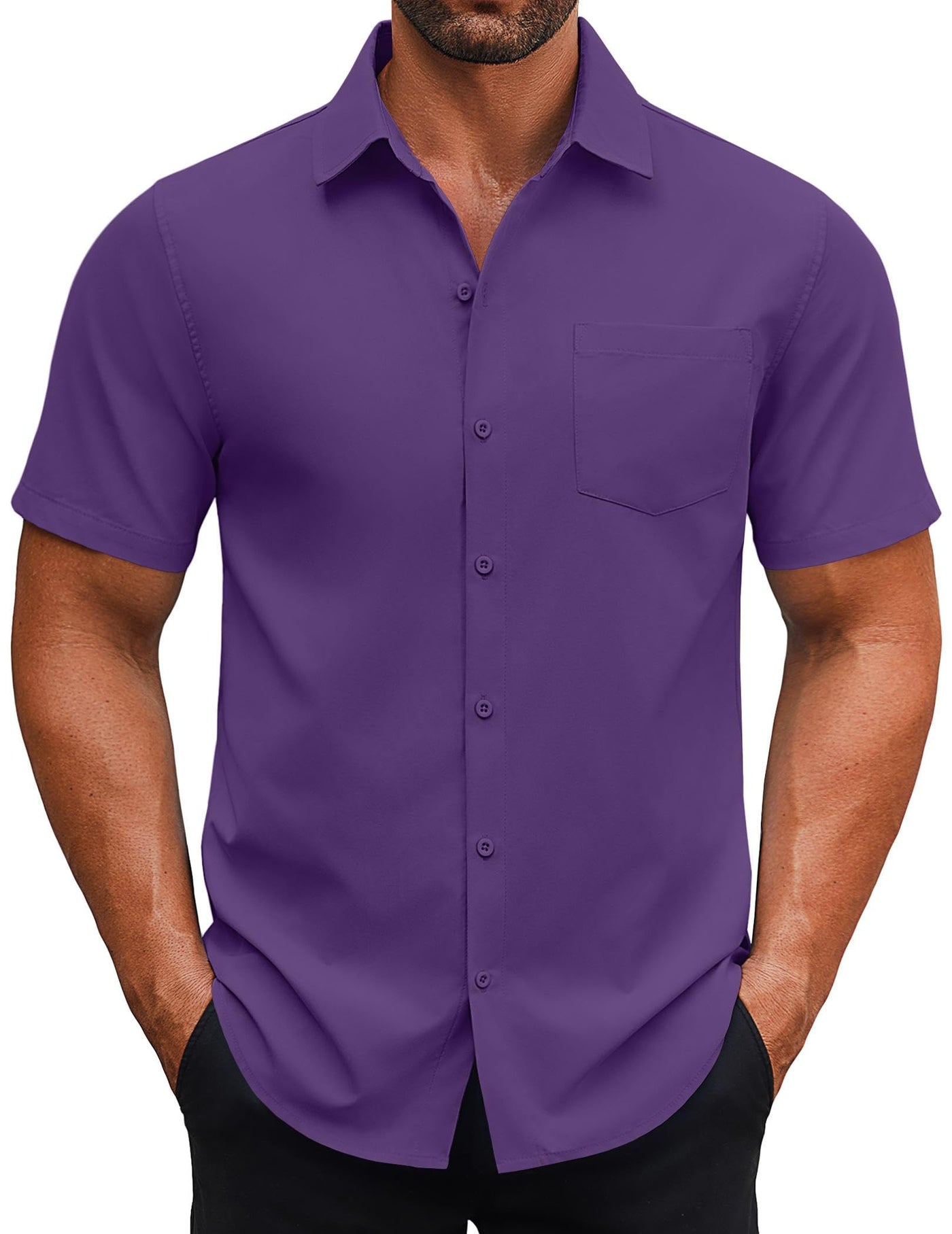 COOFANDY Mens Short Sleeve Shirt Untucked Dress Shirt Business Casual Button Down Shirts Purple
