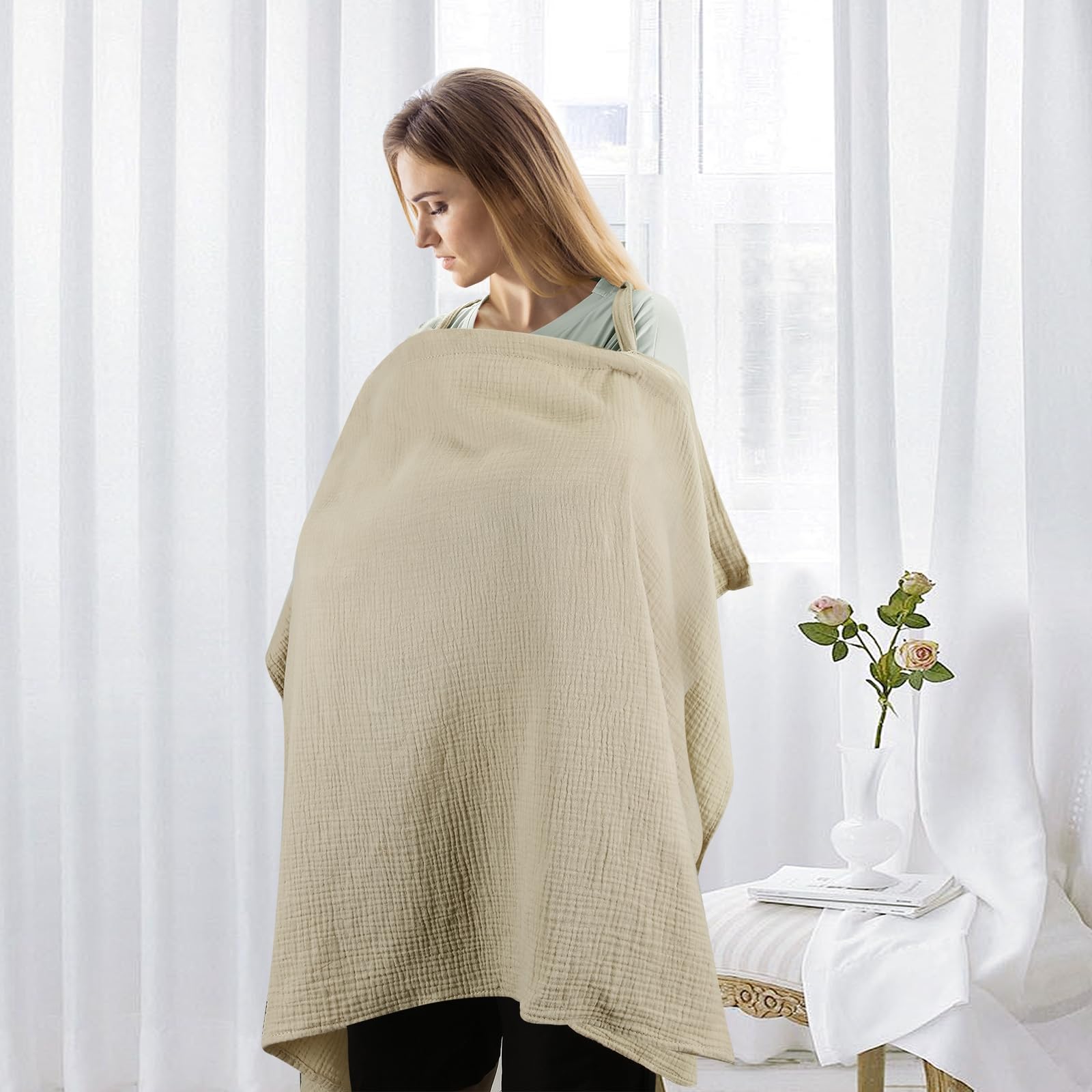 PandaEar Nursing Cover for Baby Breastfeeding Breathable Muslin Nursing Poncho Neck Insert with Rigid Hoop for Mom Multi-use Privacy Nursing Apron Carseat Cover