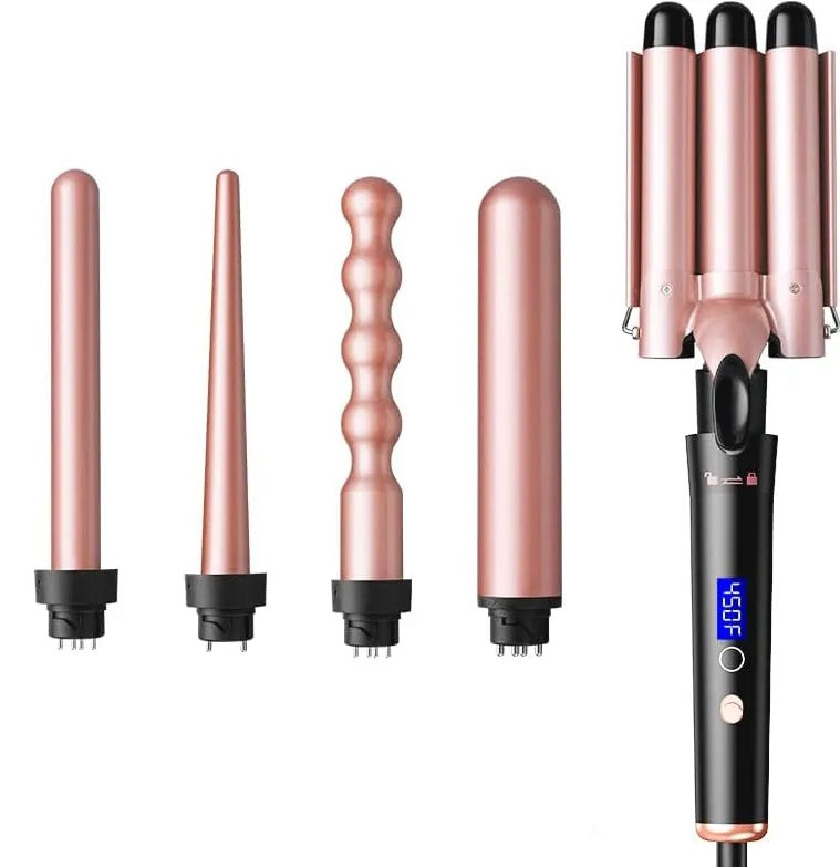 5 In 1 Curling Wand Set With LED Display Temperature, Curling Iron Set With 5 Interchangeable Ceramic Curling Wands - Black