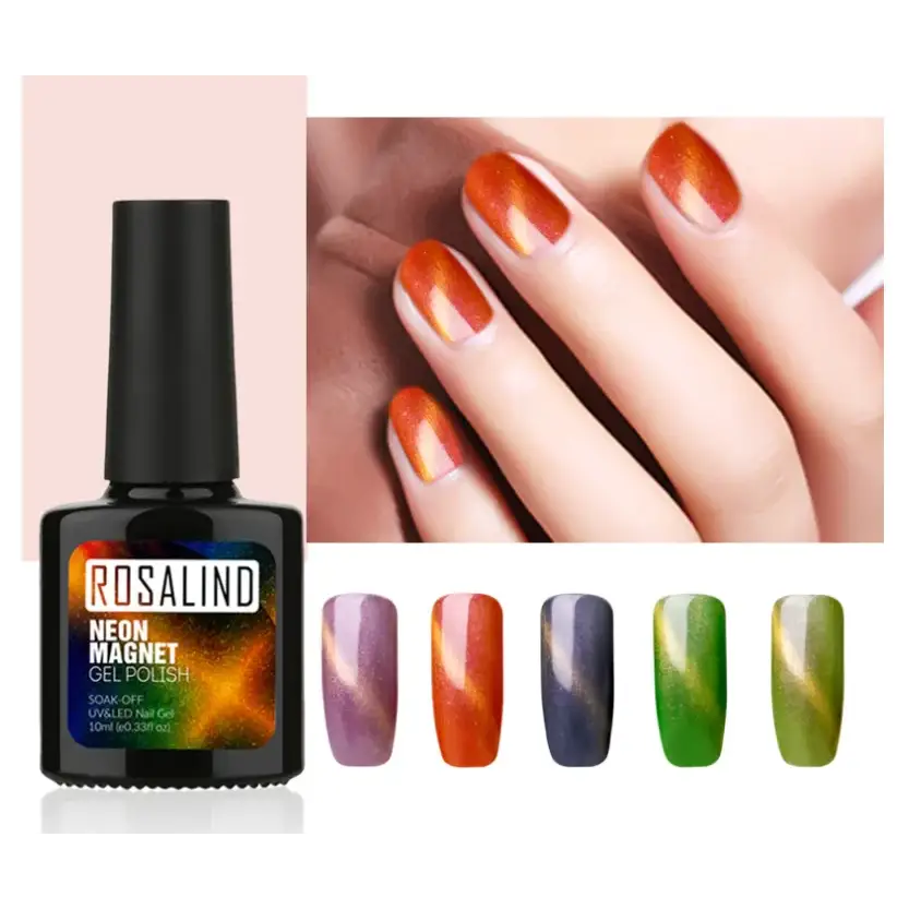 Black bottle of rosalind neon magnet gel polish with a vibrant orange and yellow gradient finish.