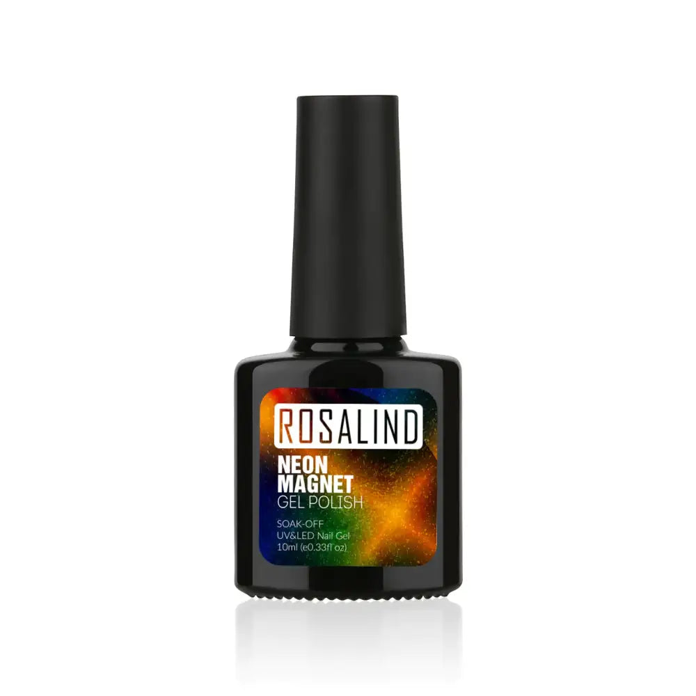 Black rosalind neon magnet gel polish bottle with a vibrant, cosmic-colored label and a sleek black cap.