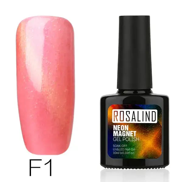 Pink shimmering neon magnet gel polish in a black bottle labeled ’rosalind.’