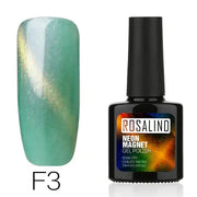 Rosalind neon magnet gel polish in shade f3, featuring a shimmering teal base with golden magnetic swirls.