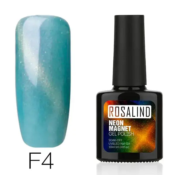 Teal shimmering gel nail polish in a black bottle labeled ’rosalind neon magnet gel polish’ with shade code f4.