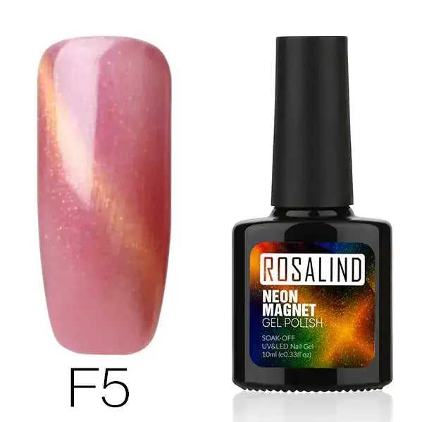 Rosalind f5 neon magnet gel polish in a sleek black bottle with a vibrant, swirling pink and orange holographic finish.
