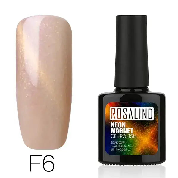 F6 neon magnet gel polish in a sleek black bottle with a vibrant, galaxy-inspired label.