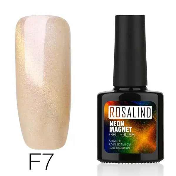 Rosalind f7 neon magnet gel polish in a sleek black bottle with a vibrant, iridescent label and a glossy nude-gold shimmer finish.