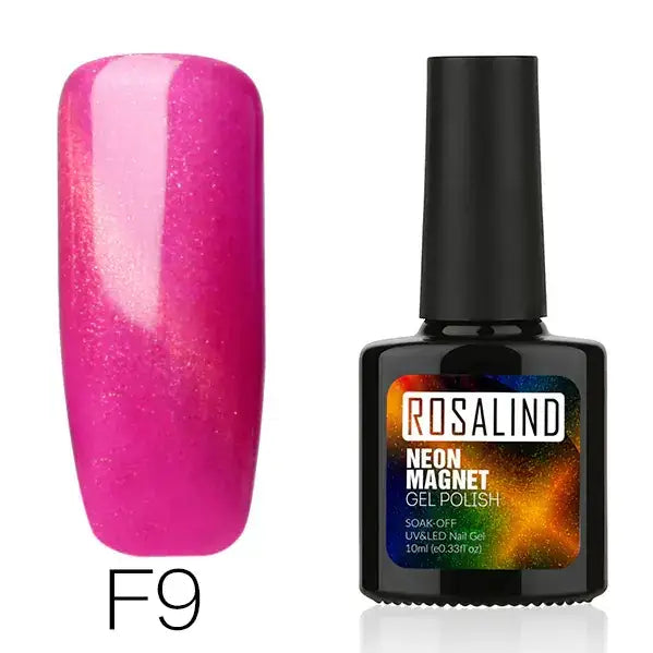 Fuchsia glittery neon magnet gel polish in a black bottle labeled ’rosalind.’
