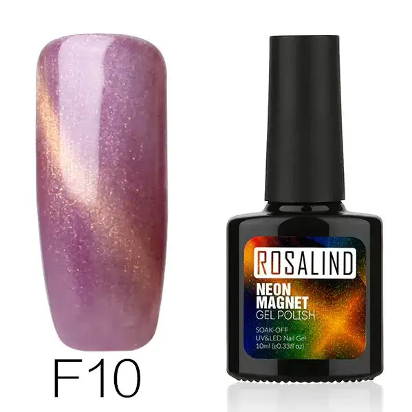 Purple and gold shimmering neon magnet gel polish in a black bottle labeled ’rosalind.’