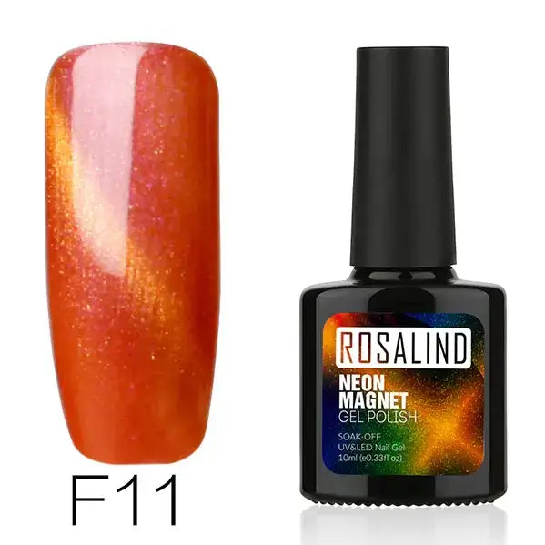 F11 neon magnet gel polish in a black bottle with a vibrant orange and gold shimmer finish.