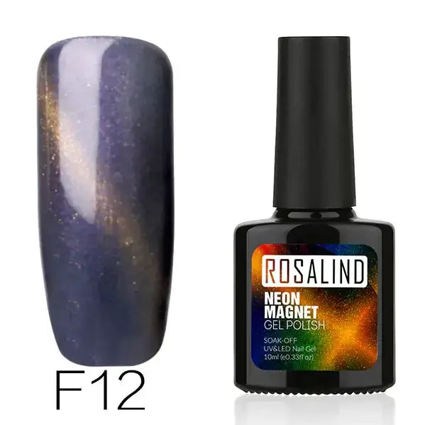 Rosalind neon magnet gel polish in shade f12, a shimmering dark purple with golden magnetic glitter.