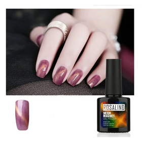 Rosalind brand neon magnet gel polish in a sleek black bottle with vibrant, shimmering purple and orange gradient finish.