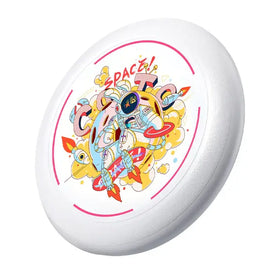White plastic frisbee featuring a colorful cartoon astronaut design with pink, yellow, and blue accents.