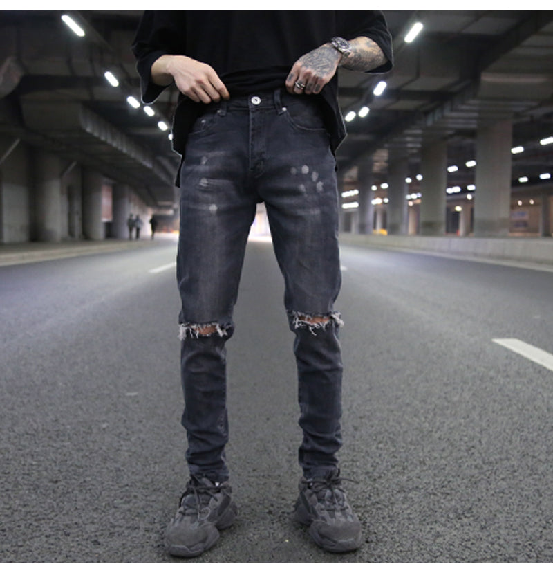 Distressed Gray Skinny Jeans with Paint Splatter Design