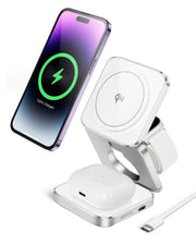 AGPTEK Qi2 Wireless Charging Station for Apple 3 in 1 Foldable Mag -Safe Charger Stand Fast Magnetic Charger for iPhone 16 15 14 13 12 Pro/Max/Plus AirPods 3/2/Pro iWatch with 30W PD Adapter