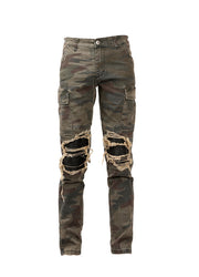 Camouflage Washed Ripped Jeans with Leather Details