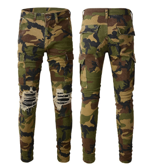 Camouflage Washed Ripped Jeans with Leather Details