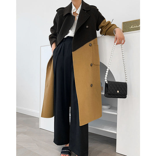 Women's Mid-Length Woolen Coat with Contrast Stitching