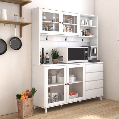 63W Large Kitchen Hutch Cabinet Freestanding Pantry Cabinets Storage Kitchen Cupboard With 4 Doors 4 Drawers &