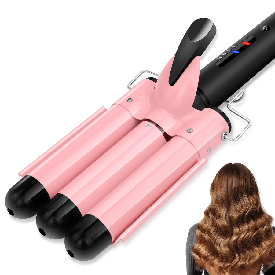 3 Barrel Curling Iron Hair Crimper, Dual Voltage Ceramic Tourmaline Three Barrels Hair Waver - 1-inch Curler Wand - Pink
