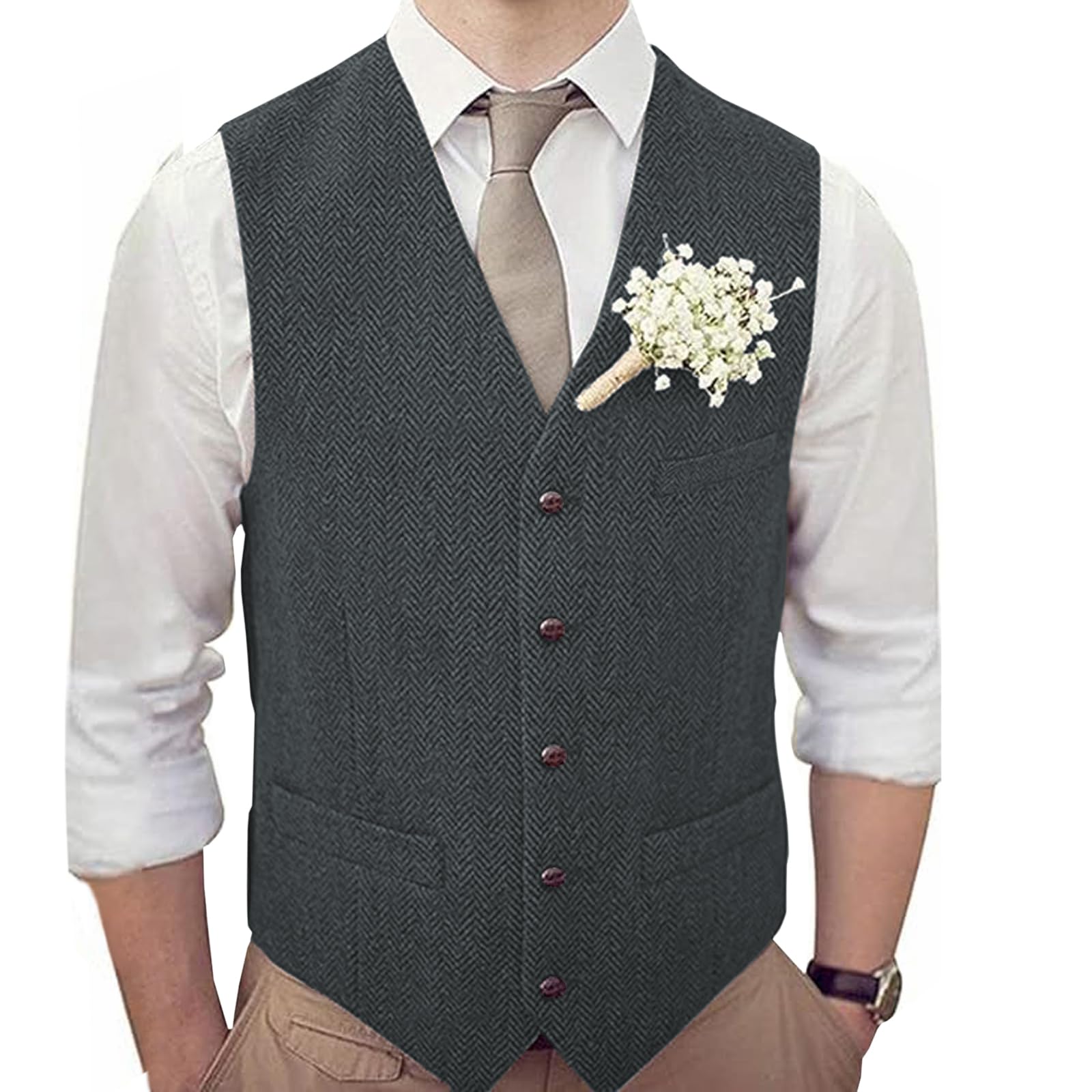 Teukuire Mens V-Neck Suit Vests Slim Fit Casual Business Formal Herringbone Tweed Wool Waistcoat Wedding Groomsmen Suit Vest Grey XS
