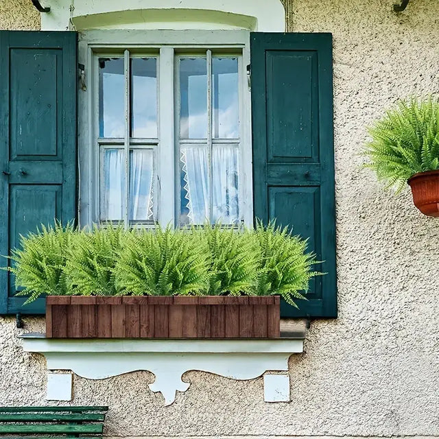 A wooden planter box filled with lush green ferns, mounted beneath a window.