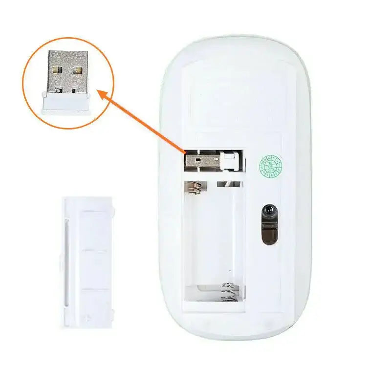 White wireless computer mouse with a usb receiver and battery compartment.