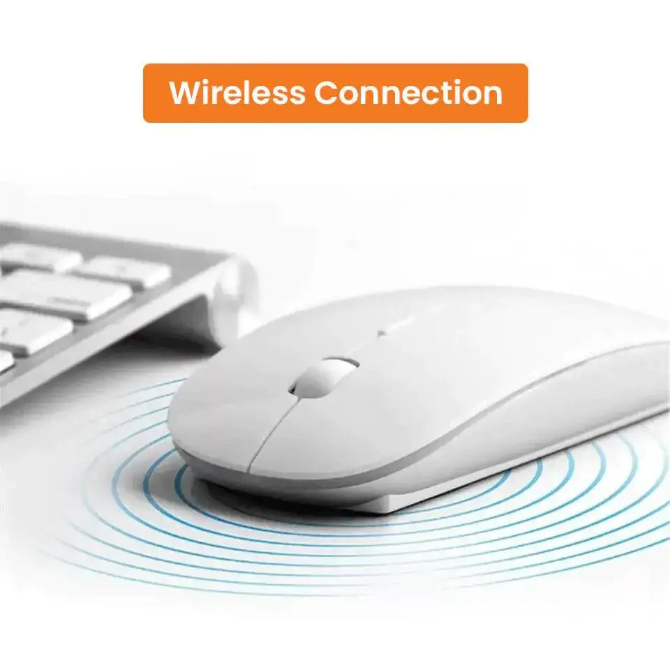 White wireless mouse with sleek, ergonomic design and smooth surface finish.
