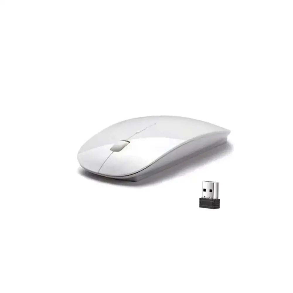 White wireless mouse with sleek, minimalist design and matching usb receiver.