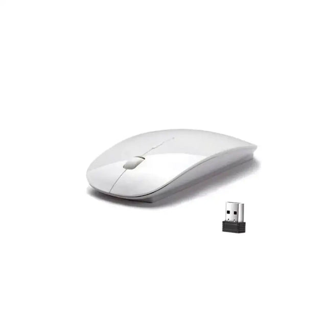 White wireless mouse with sleek, minimalist design and matching usb receiver.