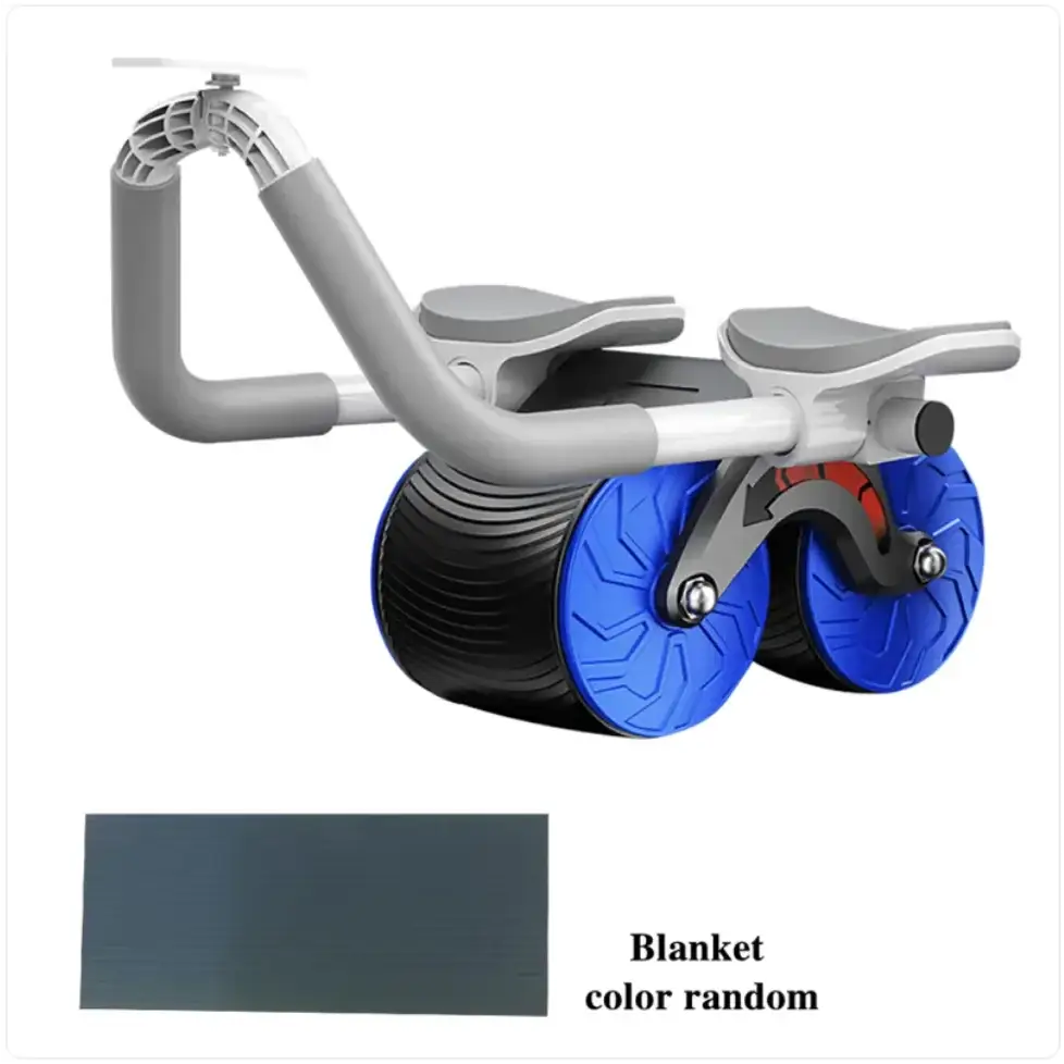 Gray and blue dual-wheel exercise roller with black rubber tires.