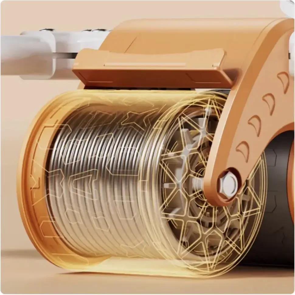 Golden roller with a transparent, star-patterned spool holding tightly wound metallic wire.