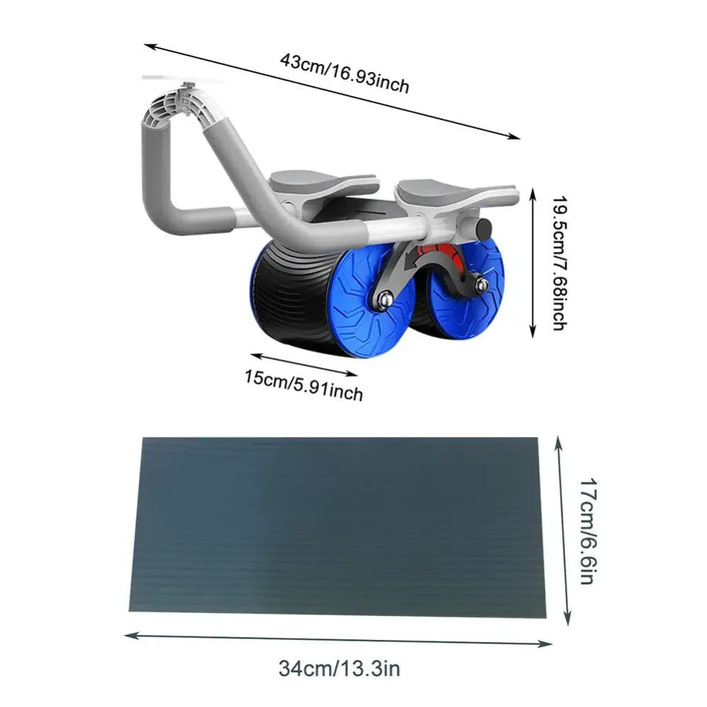 Gray and blue dual-wheel exercise roller with adjustable handlebars