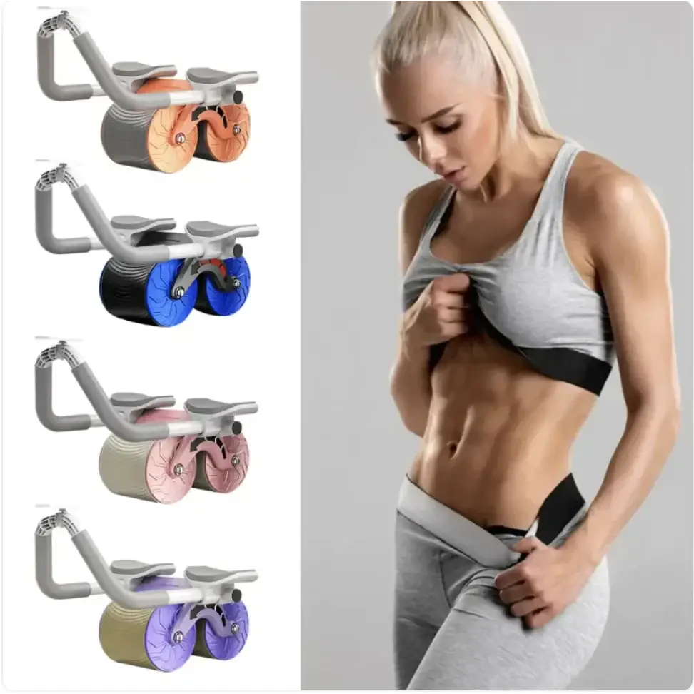 Gray and orange abdominal roller with ergonomic handlebars.