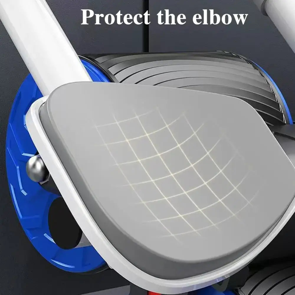 Gray padded elbow pad with a subtle grid texture, secured by white plastic and blue circular accents.