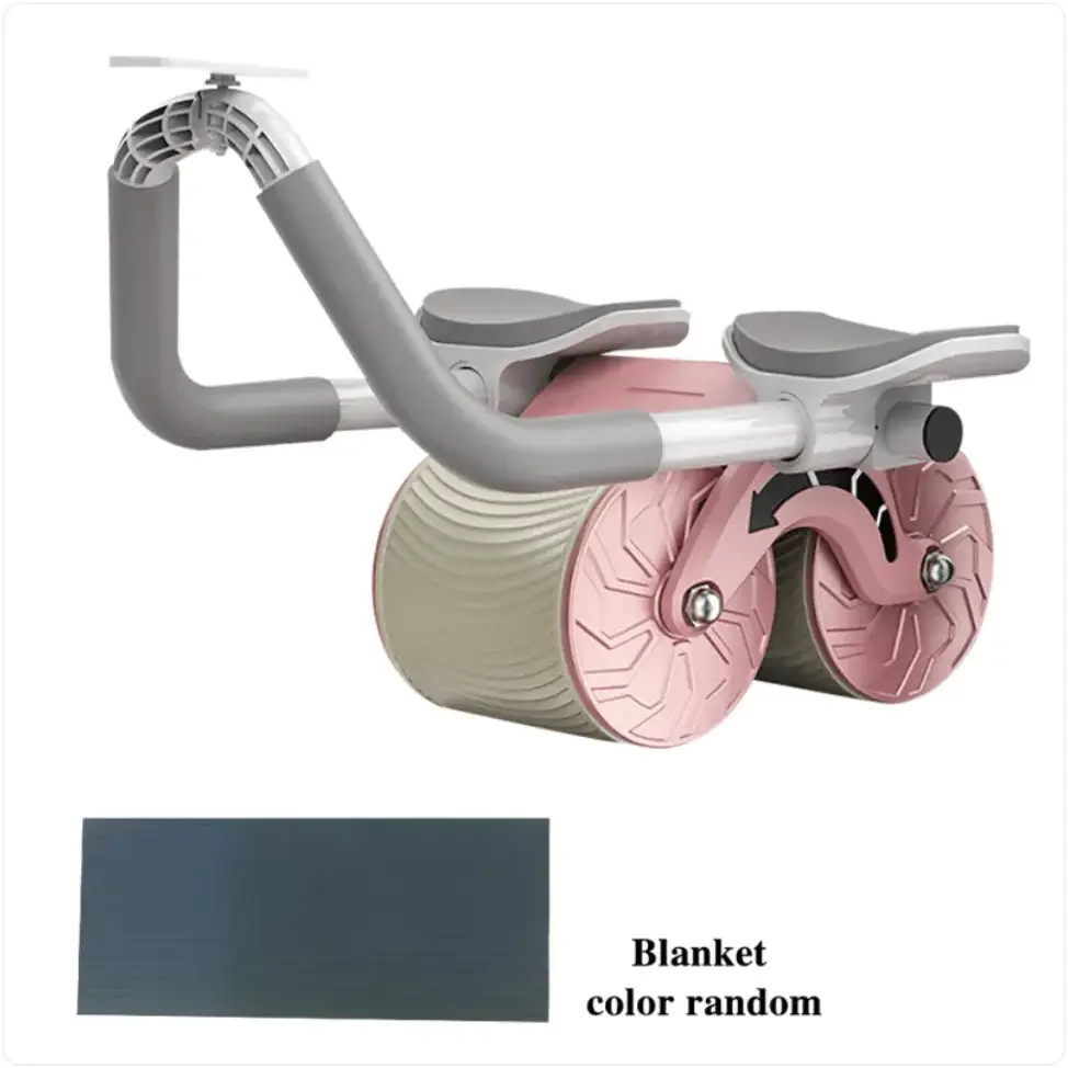 Pink and gray plastic roller bike with a beige blanket wrapped around its central axle.