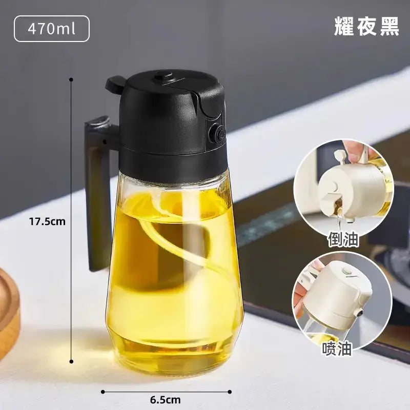 A 470ml glossy black oil dispenser with a clear glass body and an integrated handle, featuring a dual-function spout for pouring or spraying.