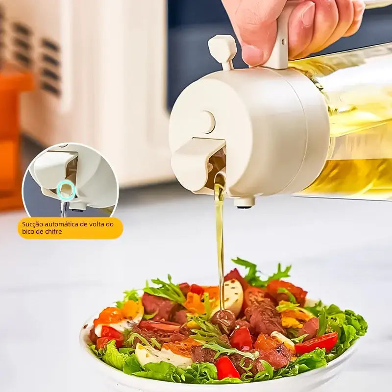 Cream-colored plastic oil dispenser with a clear glass body and a white spout designed for automatic flow control.