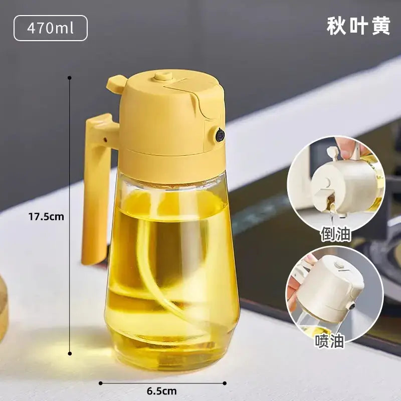 Yellow plastic oil dispenser with a clear glass body and handle, designed for pouring or spraying cooking oil.