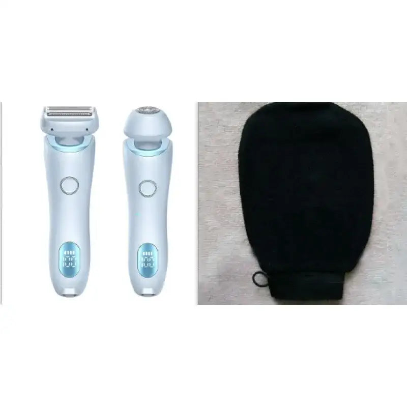 Light blue electric razor and matching device with digital display, both featuring sleek ergonomic designs.